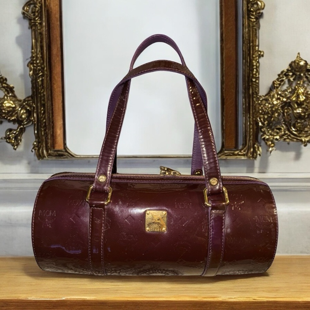MCM Patent Monogram Essential Barrel Bag Bordeaux EUC - Picture 3 of 14